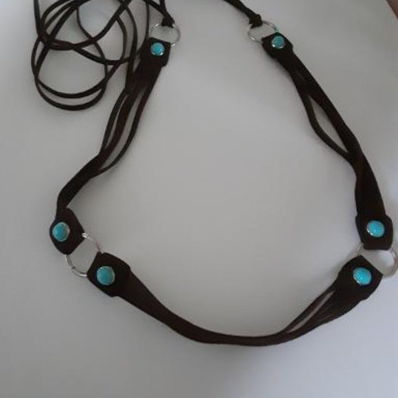Brown Suede Leather and Faux Turquoise Boho Belt - Picture 4 of 7